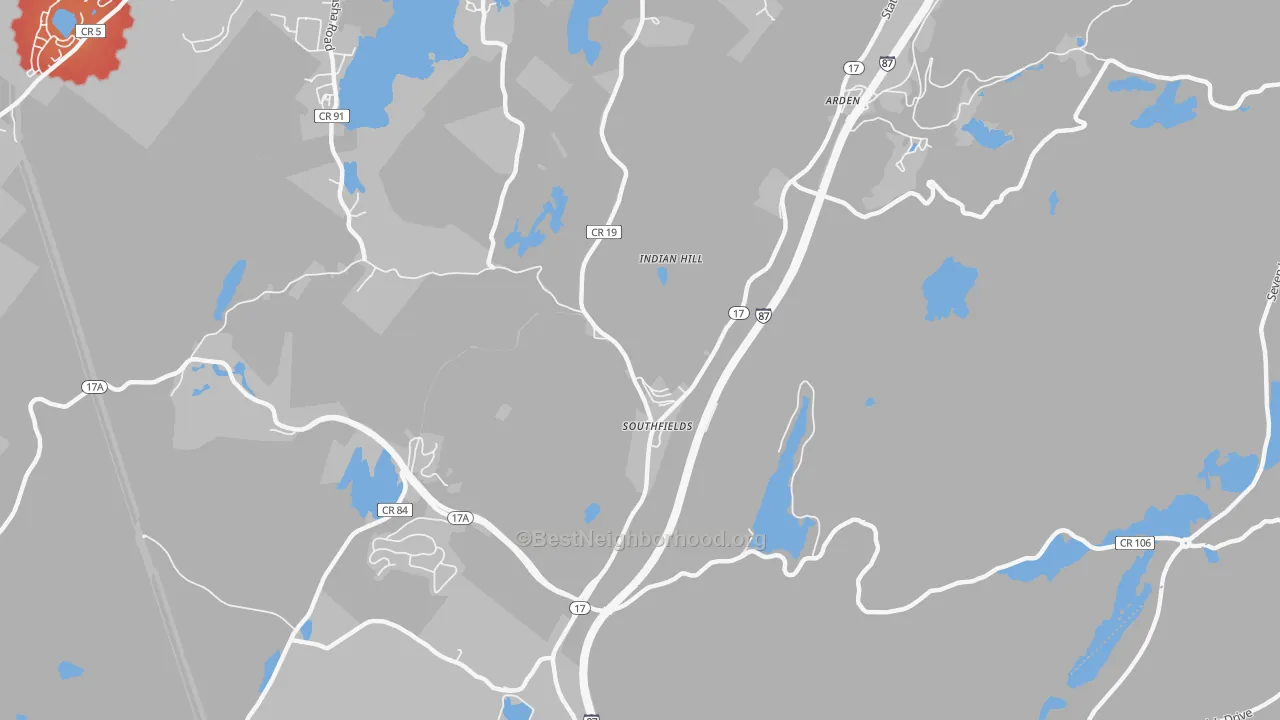 Walk Grade map of 10975, NY, walkable areas in green and car-dependent areas in red