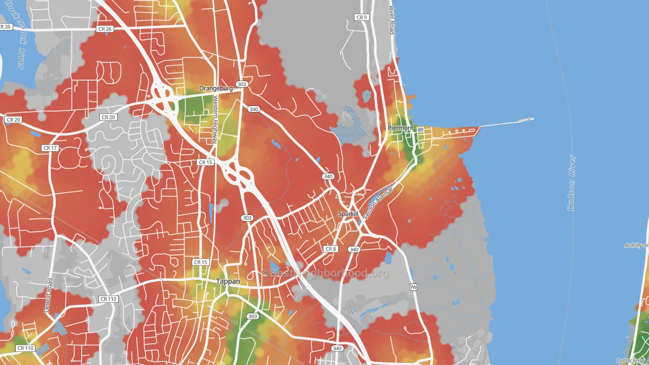 Walk Grade map of 10976, NY, walkable areas in green and car-dependent areas in red