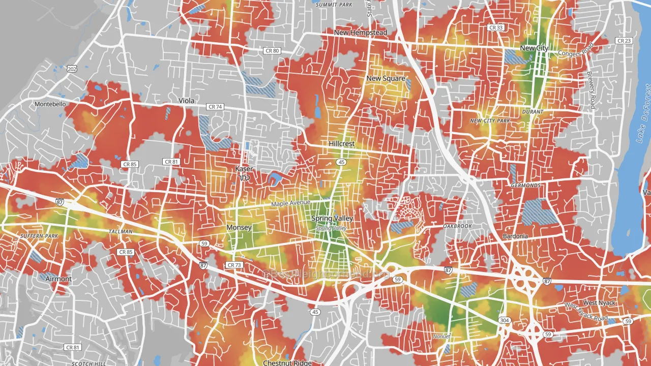 Walk Grade map of 10977, NY, walkable areas in green and car-dependent areas in red
