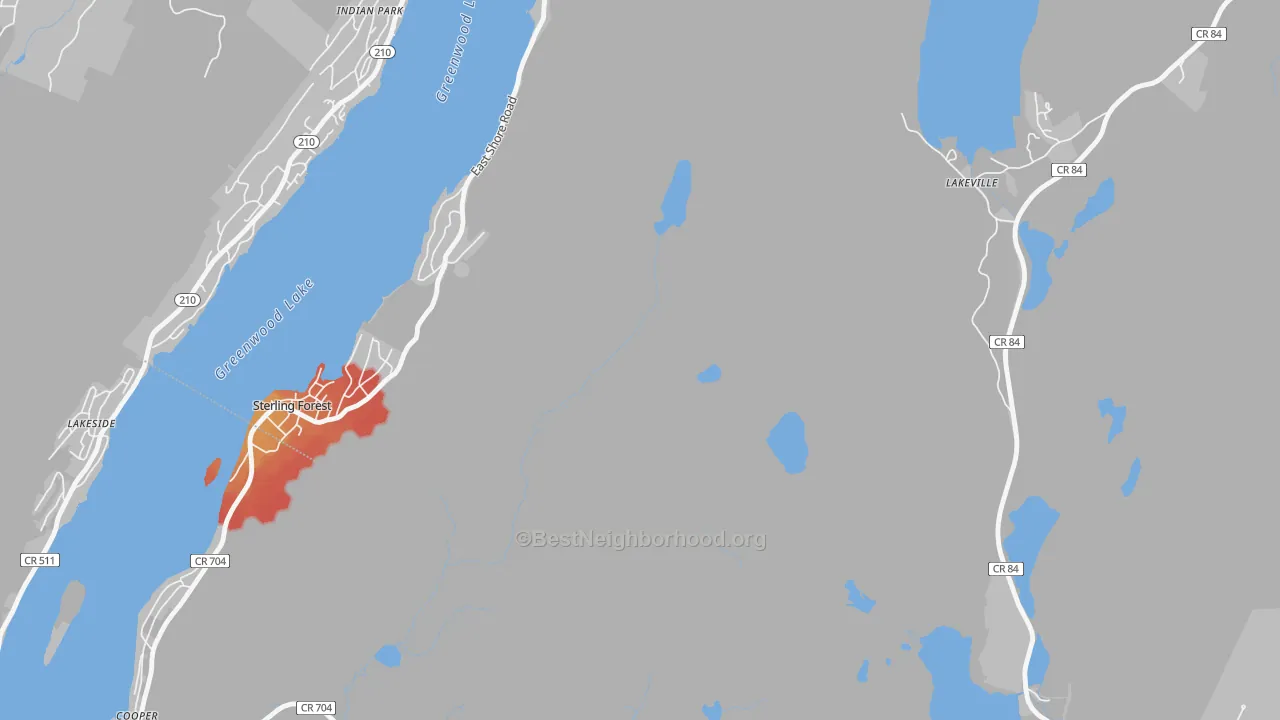 Walk Grade map of 10979, NY, walkable areas in green and car-dependent areas in red