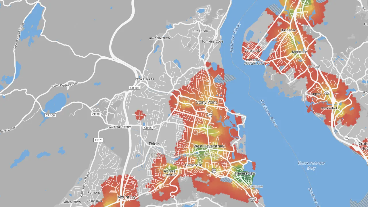 Walk Grade map of 10980, NY, walkable areas in green and car-dependent areas in red