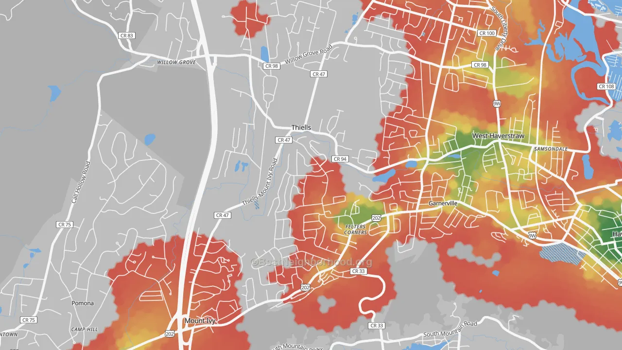 Walk Grade map of 10984, NY, walkable areas in green and car-dependent areas in red
