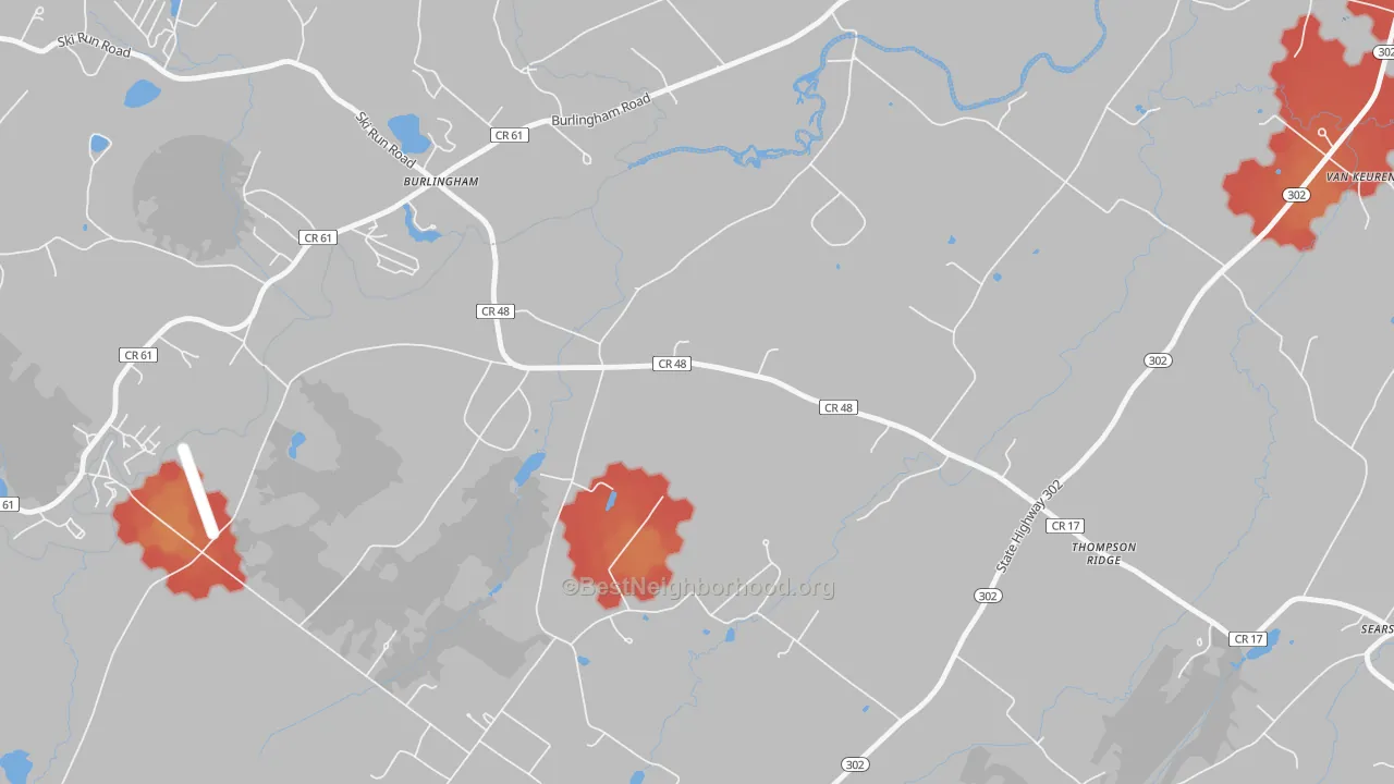 Walk Grade map of 10985, NY, walkable areas in green and car-dependent areas in red