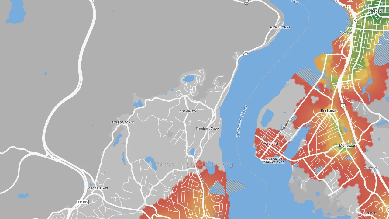 Walk Grade map of 10986, NY, walkable areas in green and car-dependent areas in red