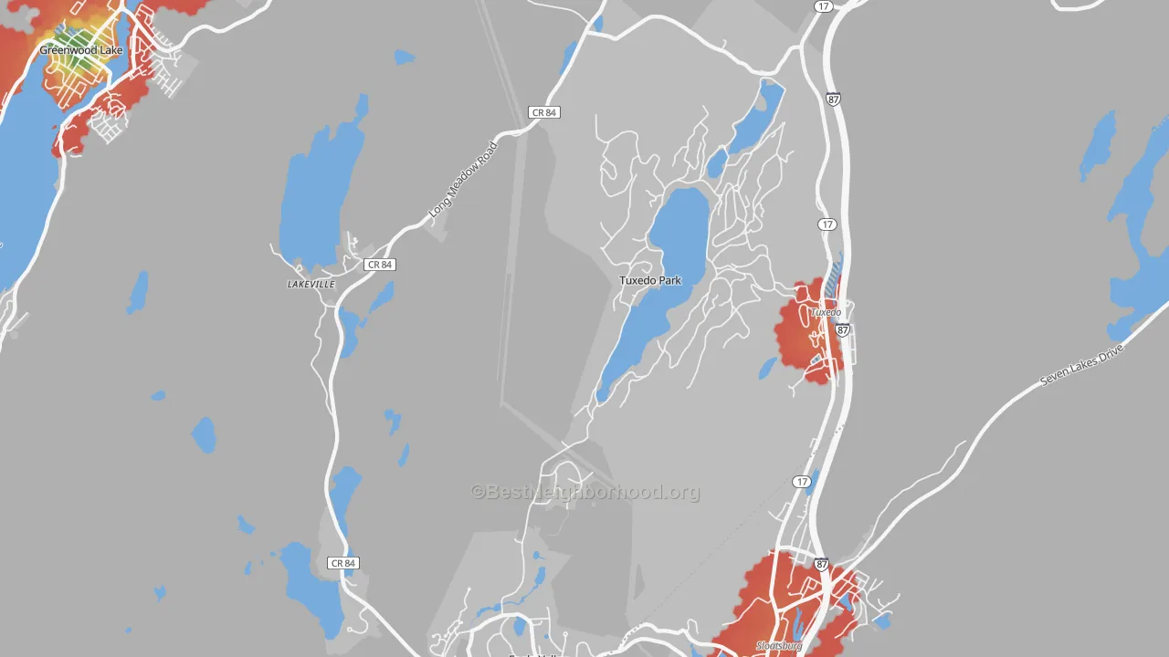 Walk Grade map of 10987, NY, walkable areas in green and car-dependent areas in red