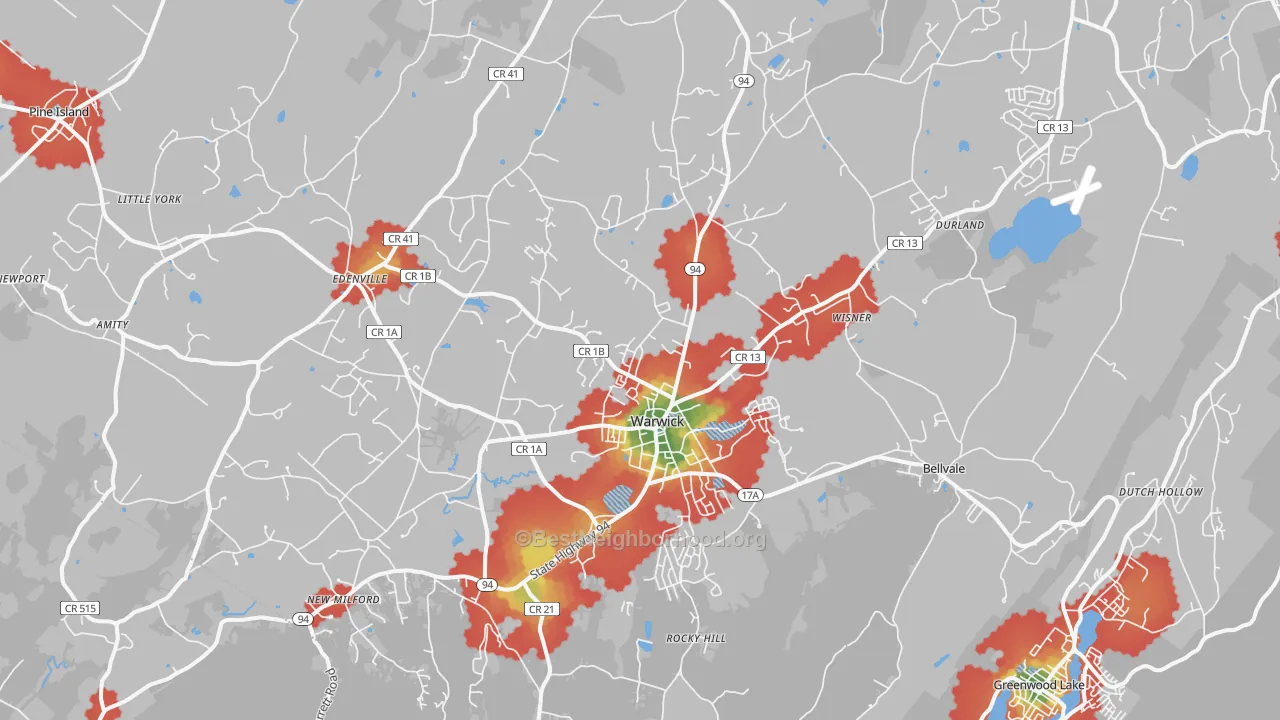 Walk Grade map of 10990, NY, walkable areas in green and car-dependent areas in red