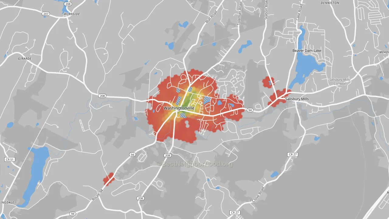 Walk Grade map of 10992, NY, walkable areas in green and car-dependent areas in red