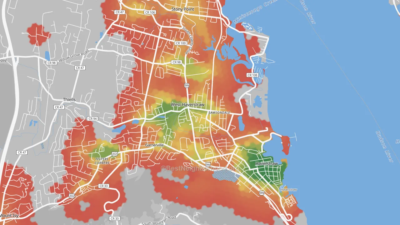Walk Grade map of 10993, NY, walkable areas in green and car-dependent areas in red