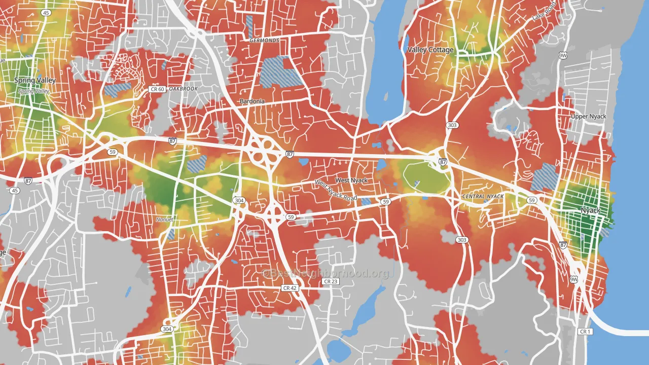 Walk Grade map of 10994, NY, walkable areas in green and car-dependent areas in red