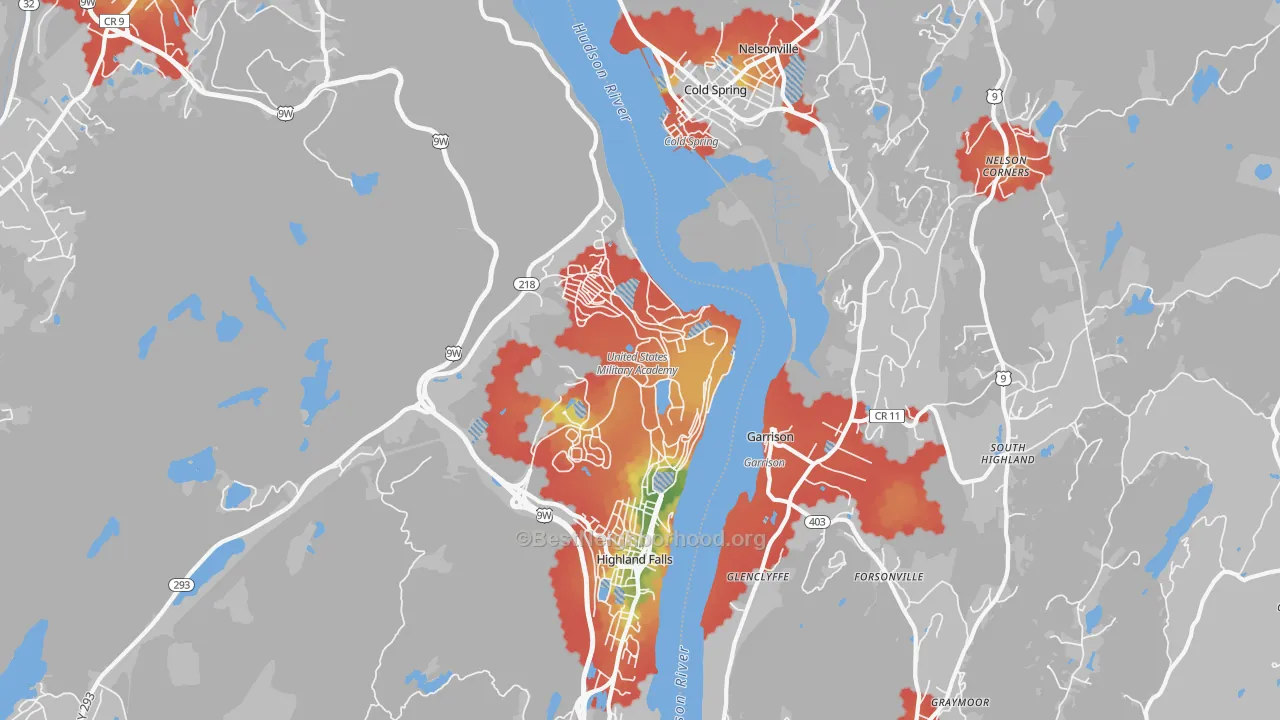 Walk Grade map of 10996, NY, walkable areas in green and car-dependent areas in red