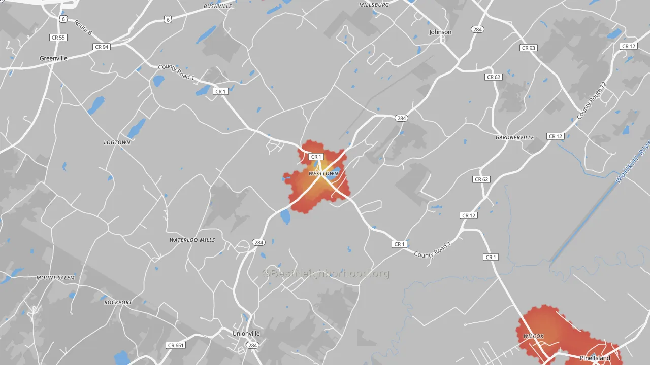 Walk Grade map of 10998, NY, walkable areas in green and car-dependent areas in red