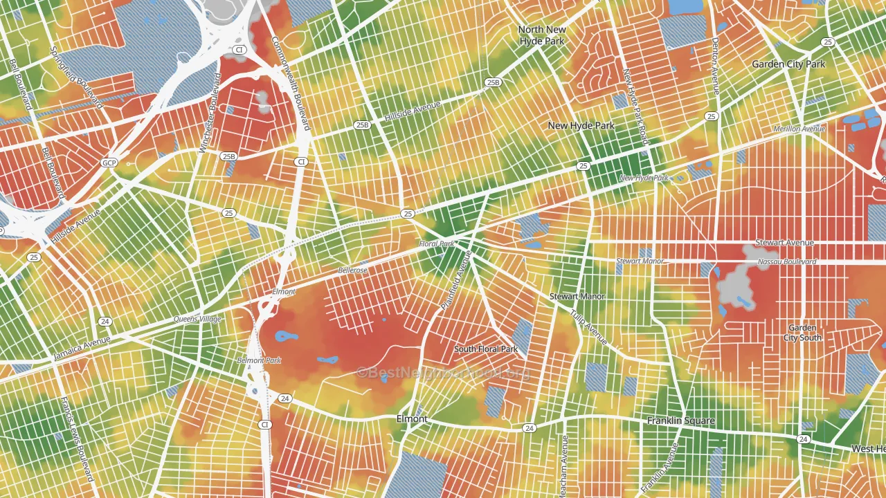 Walk Grade map of 11001, NY, walkable areas in green and car-dependent areas in red