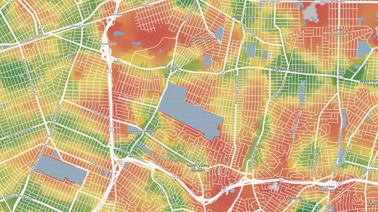 Walk Grade map of 11003, NY, walkable areas in green and car-dependent areas in red