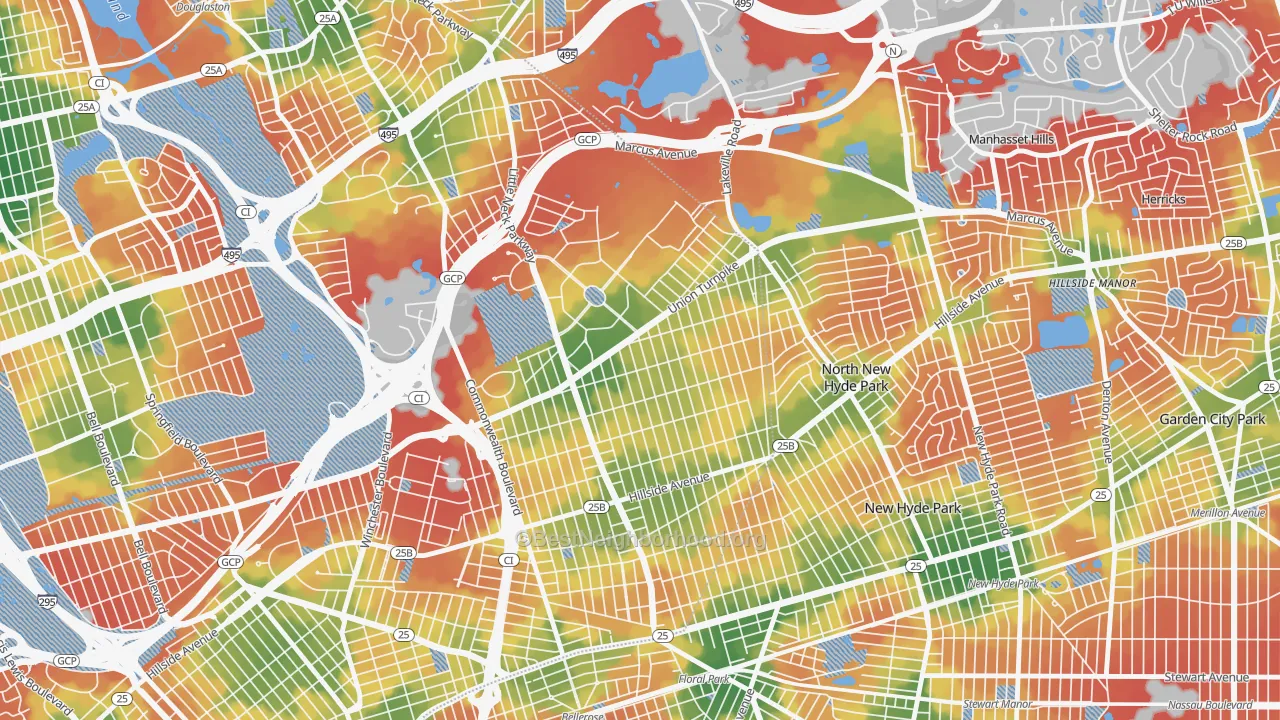 Walk Grade map of 11004, NY, walkable areas in green and car-dependent areas in red