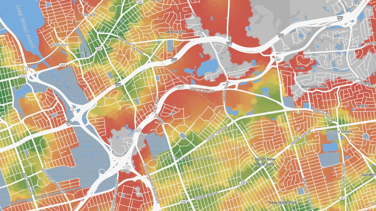 Walk Grade map of 11005, NY, walkable areas in green and car-dependent areas in red