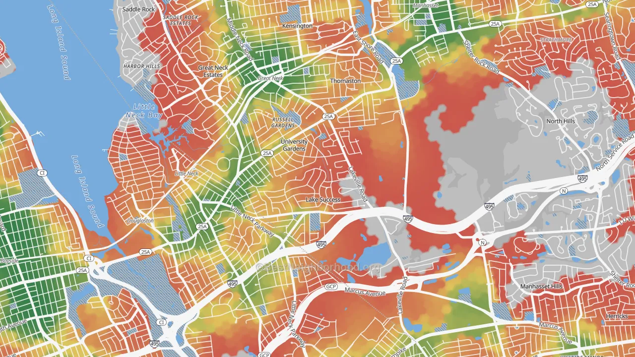 Walk Grade map of 11020, NY, walkable areas in green and car-dependent areas in red