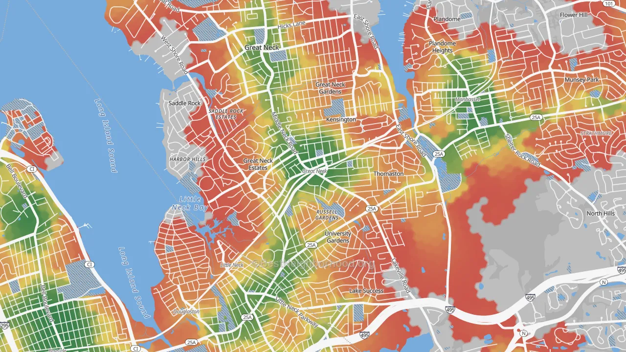 Walk Grade map of 11021, NY, walkable areas in green and car-dependent areas in red