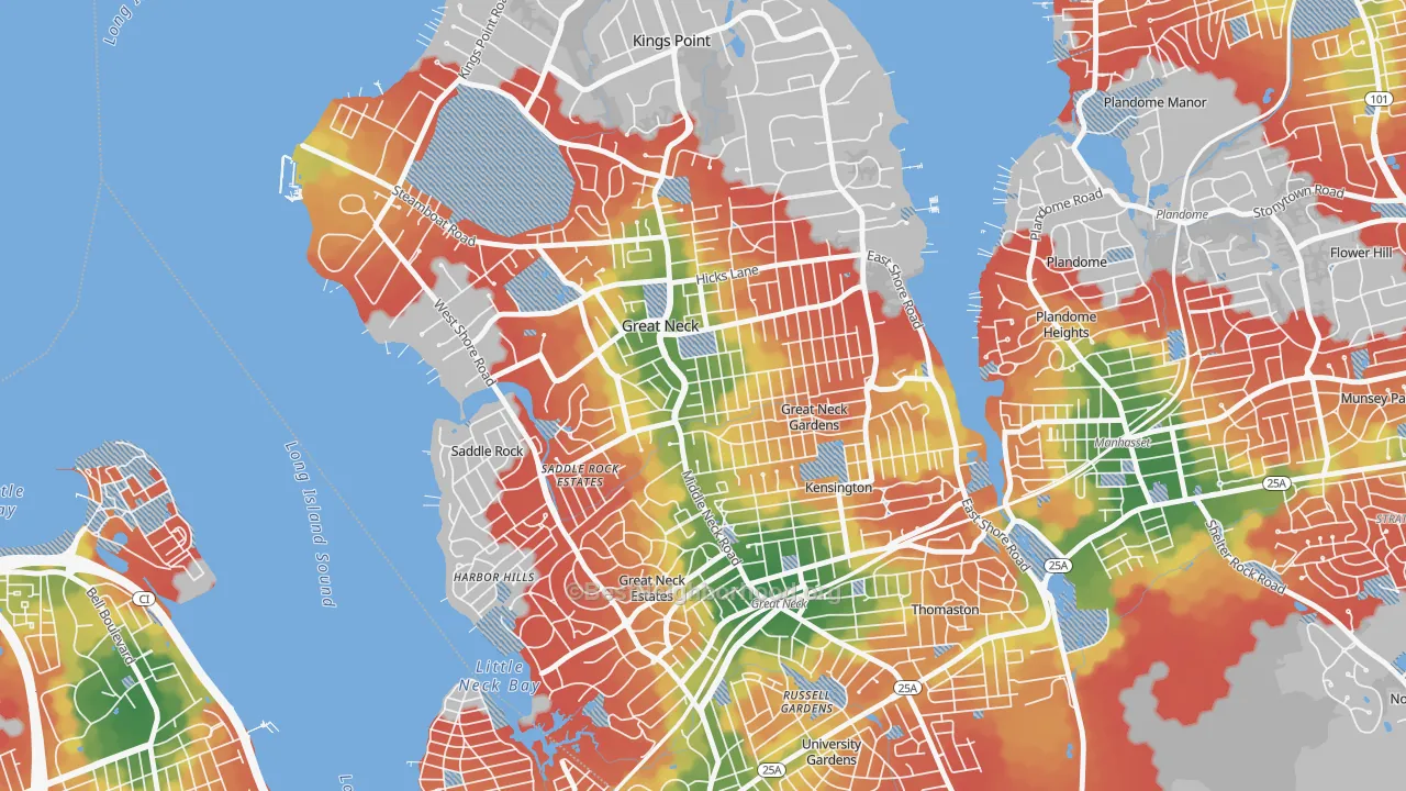 Walk Grade map of 11023, NY, walkable areas in green and car-dependent areas in red