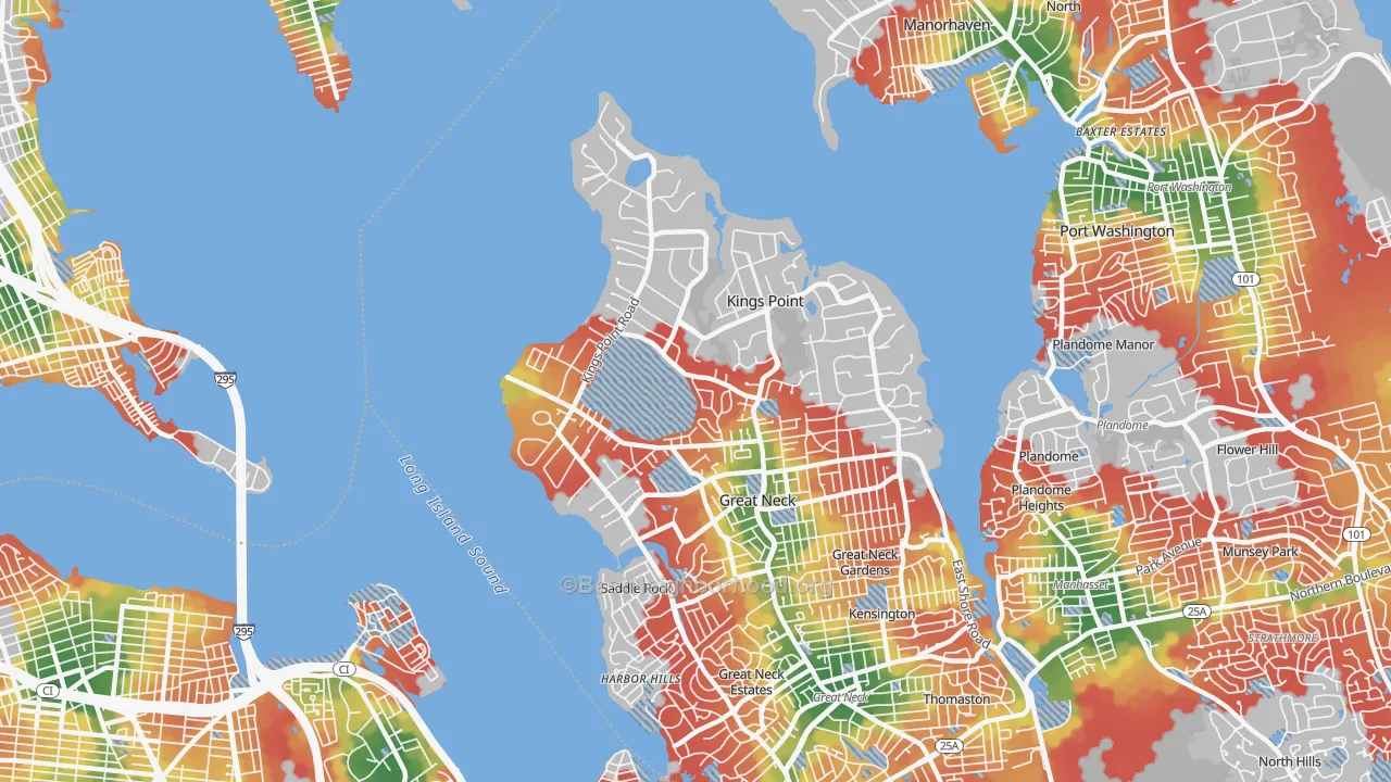 Walk Grade map of 11024, NY, walkable areas in green and car-dependent areas in red