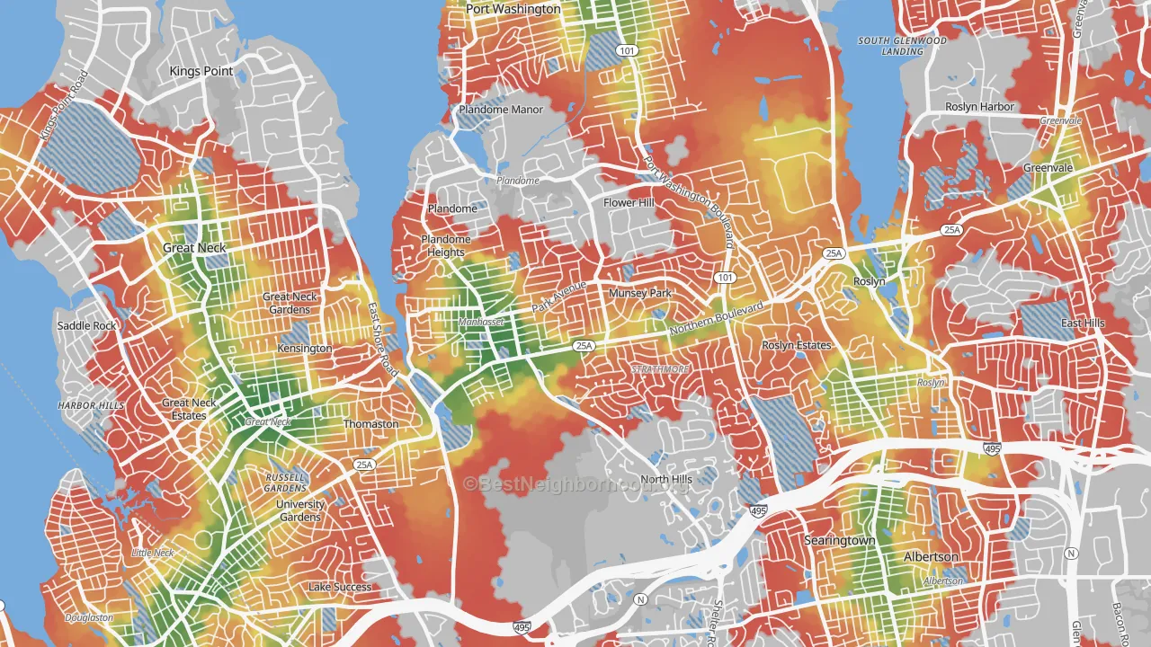 Walk Grade map of 11030, NY, walkable areas in green and car-dependent areas in red