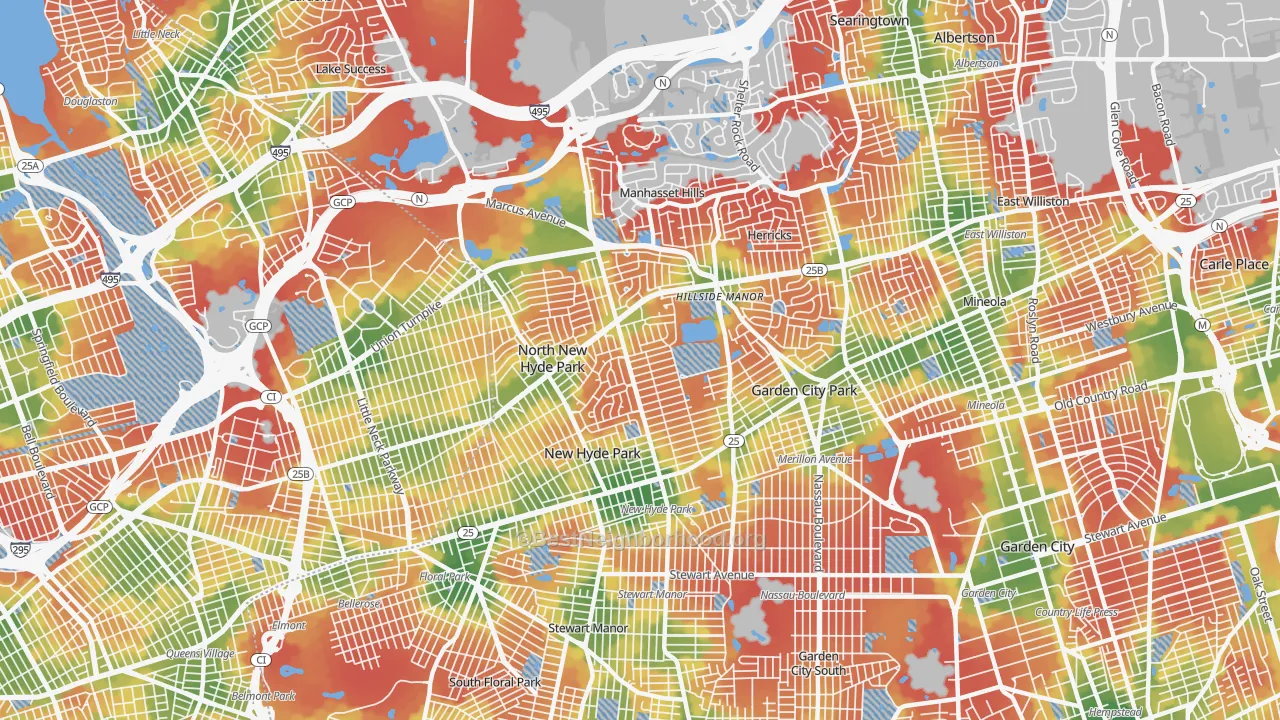 Walk Grade map of 11040, NY, walkable areas in green and car-dependent areas in red