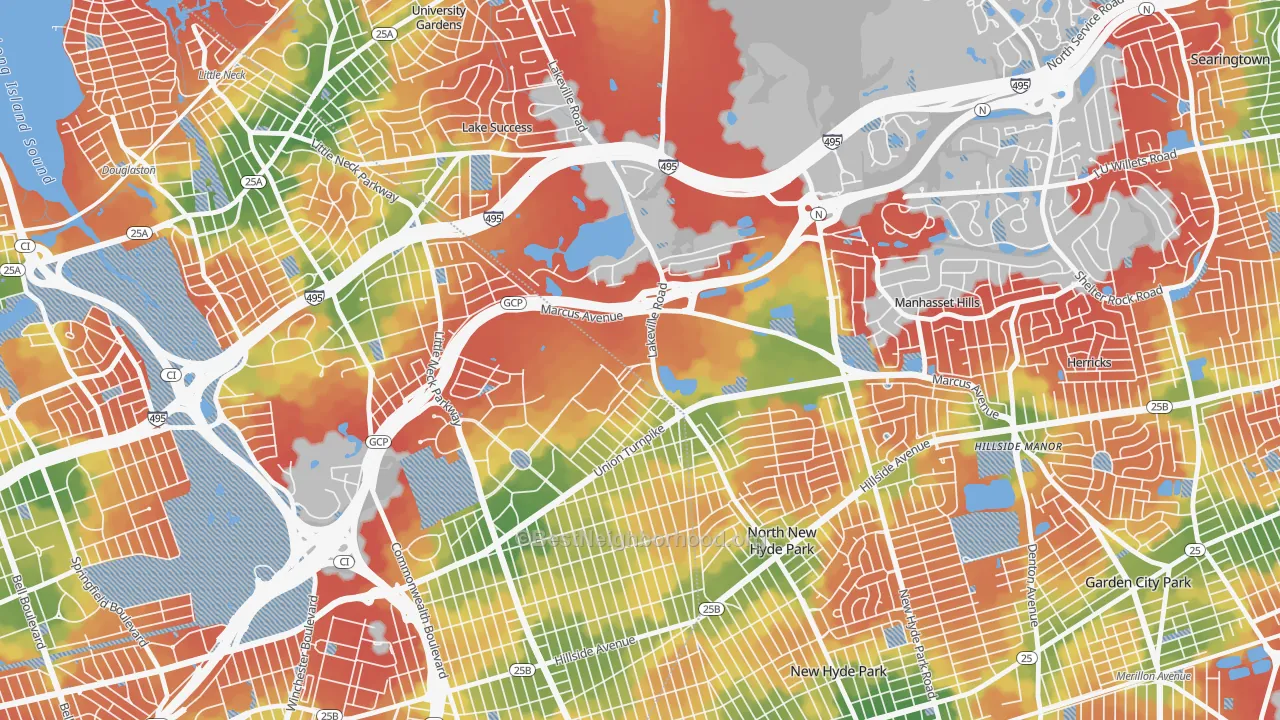 Walk Grade map of 11042, NY, walkable areas in green and car-dependent areas in red
