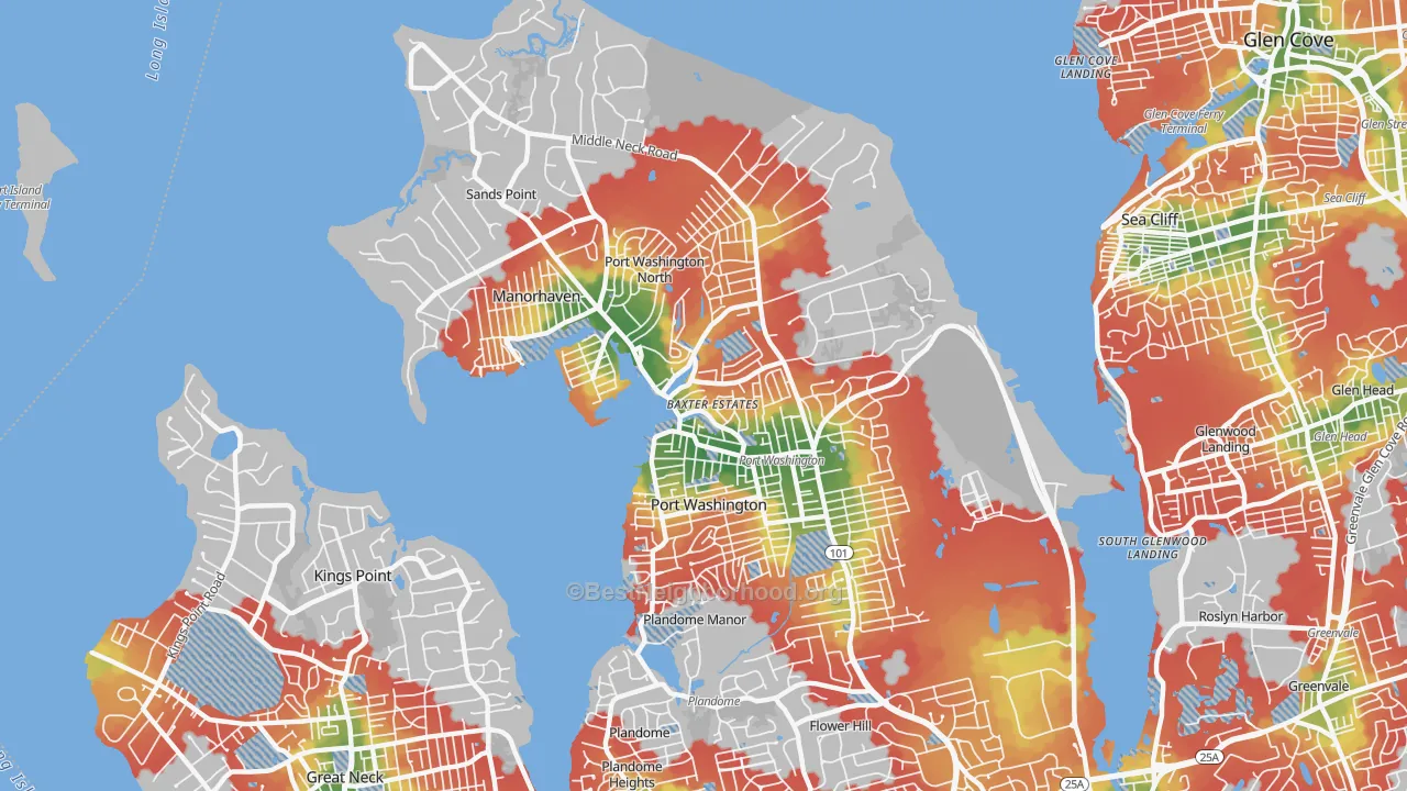 Walk Grade map of 11050, NY, walkable areas in green and car-dependent areas in red