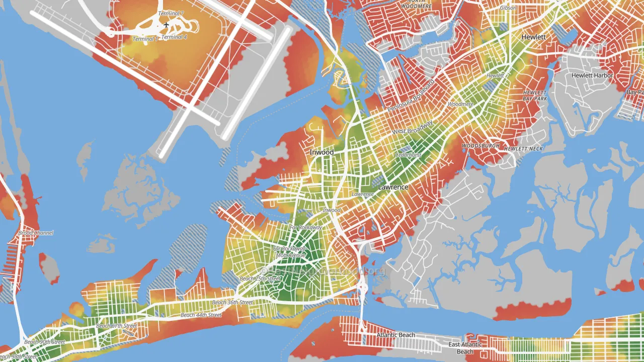 Walk Grade map of 11096, NY, walkable areas in green and car-dependent areas in red