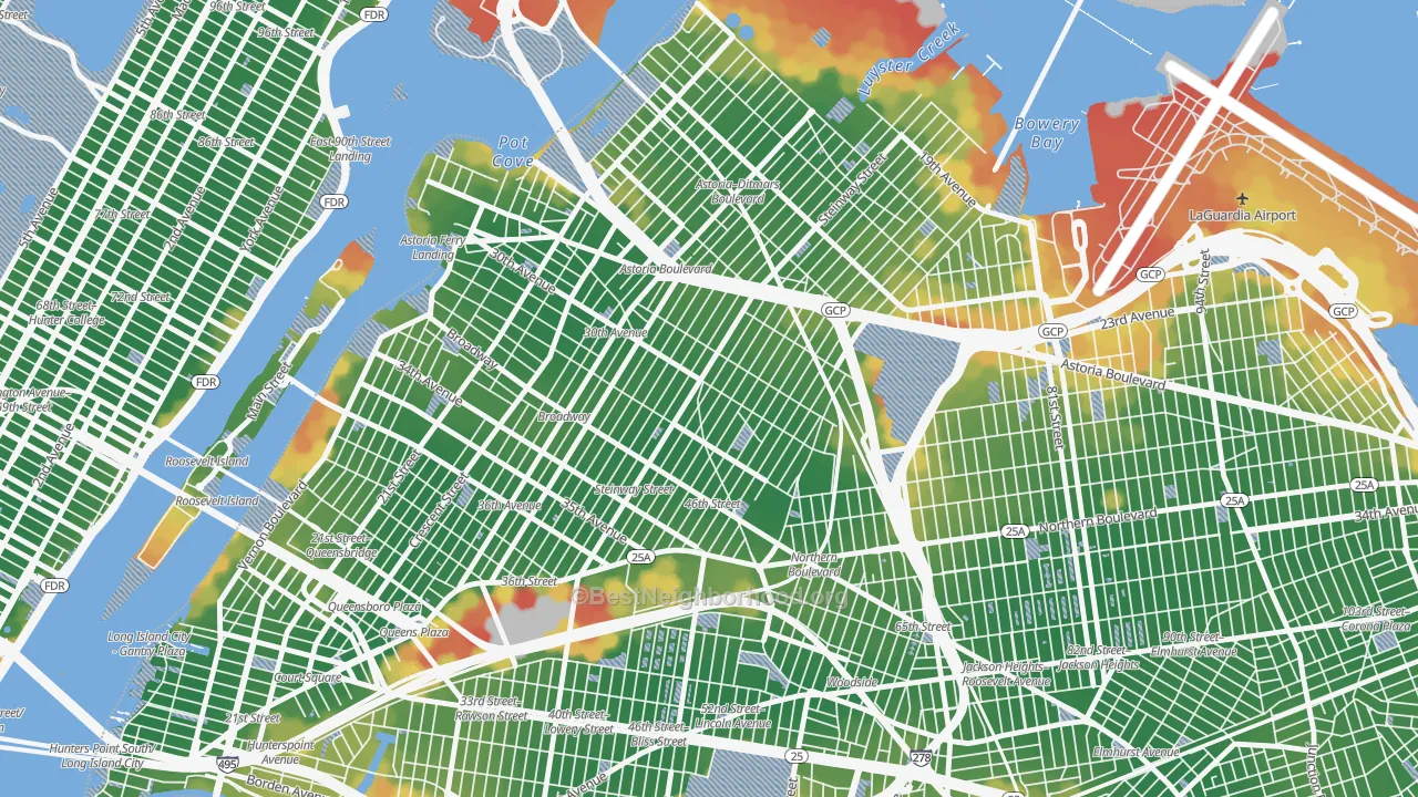 Walk Grade map of 11103, NY, walkable areas in green and car-dependent areas in red