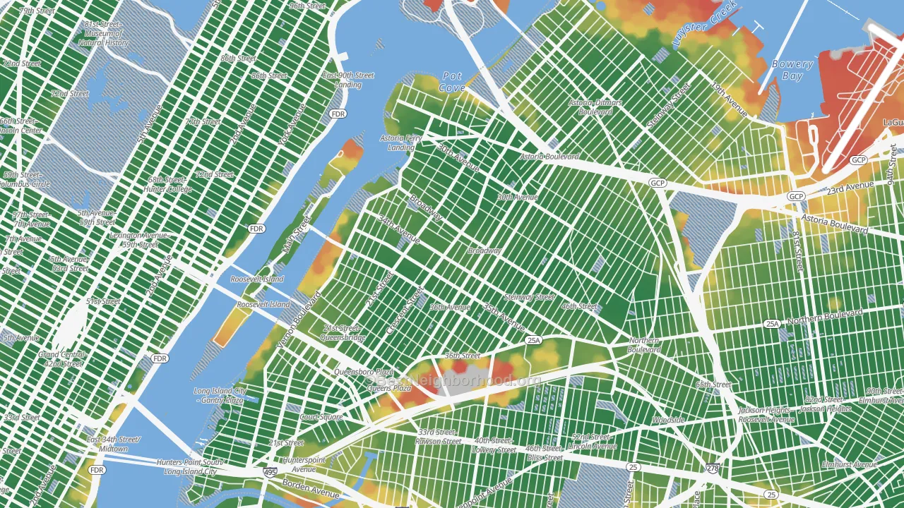 Walk Grade map of 11106, NY, walkable areas in green and car-dependent areas in red