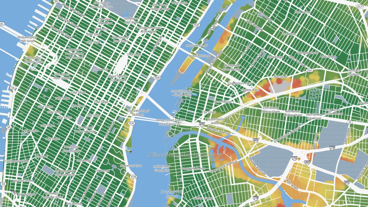 Walk Grade map of 11109, NY, walkable areas in green and car-dependent areas in red