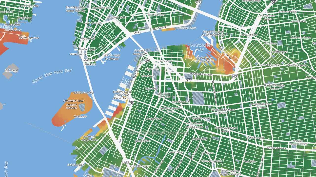 Walk Grade map of 11201, NY, walkable areas in green and car-dependent areas in red