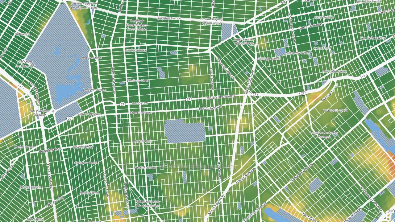 Walk Grade map of 11203, NY, walkable areas in green and car-dependent areas in red