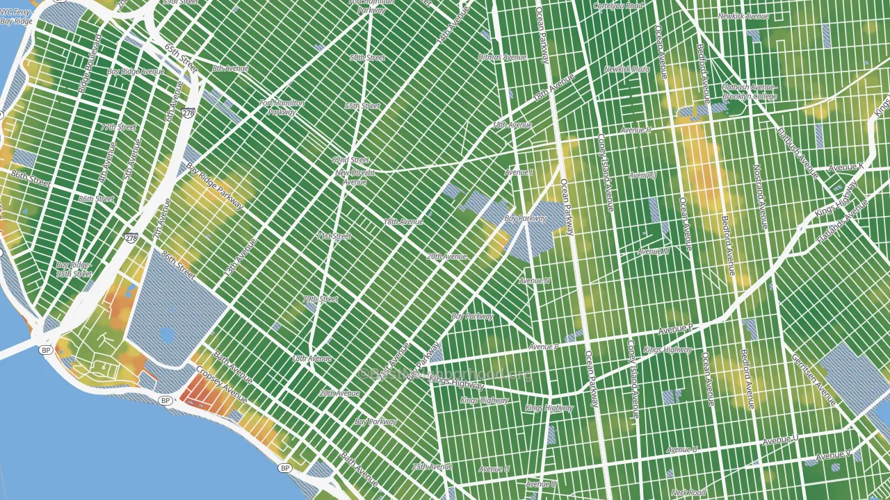 Walk Grade map of 11204, NY, walkable areas in green and car-dependent areas in red