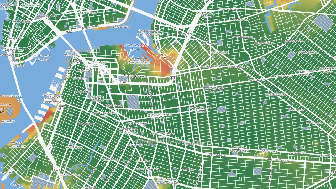Walk Grade map of 11205, NY, walkable areas in green and car-dependent areas in red