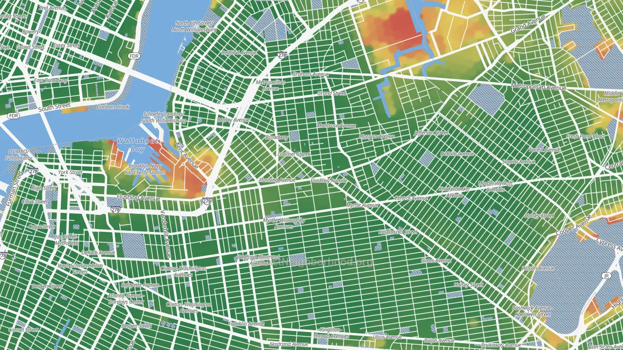 Walk Grade map of 11206, NY, walkable areas in green and car-dependent areas in red
