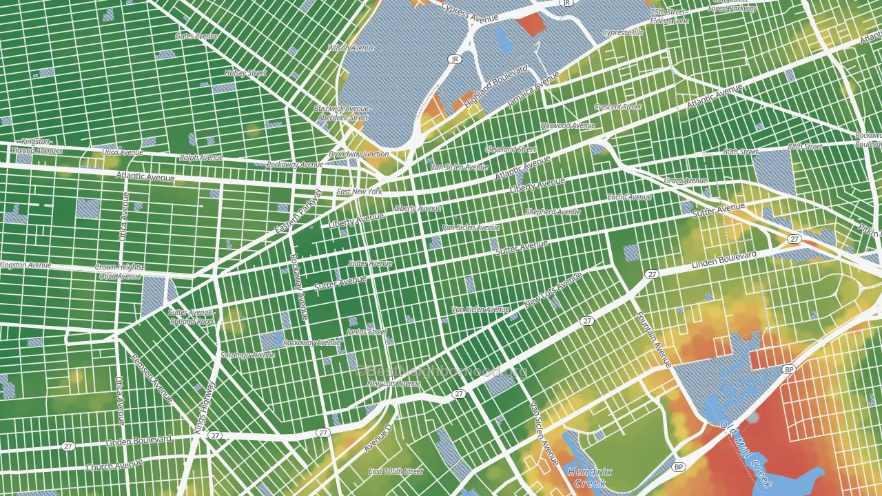 Walk Grade map of 11207, NY, walkable areas in green and car-dependent areas in red