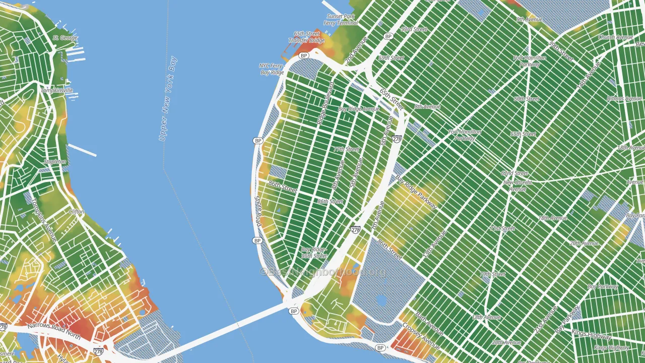 Walk Grade map of 11209, NY, walkable areas in green and car-dependent areas in red