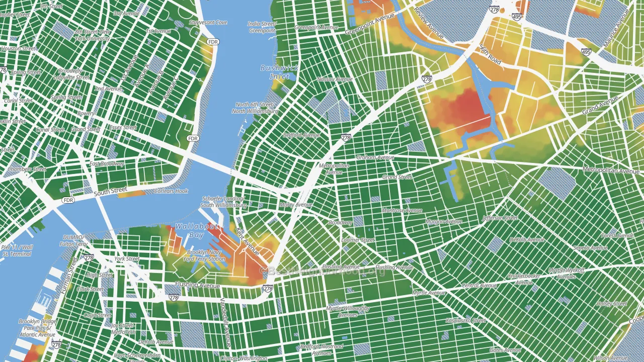Walk Grade map of 11211, NY, walkable areas in green and car-dependent areas in red
