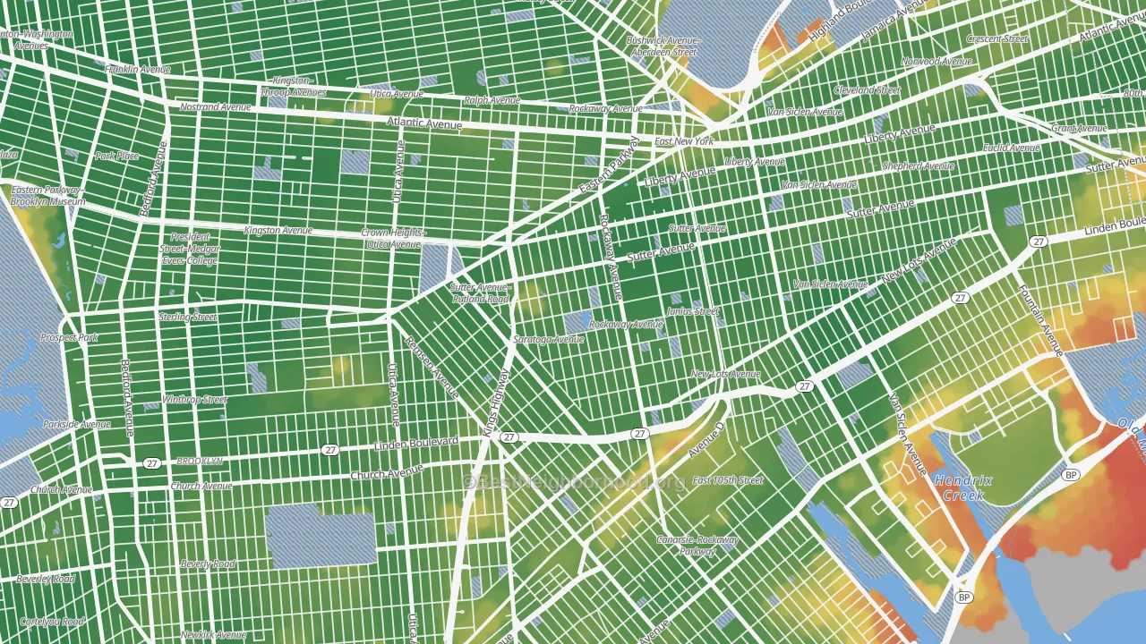Walk Grade map of 11212, NY, walkable areas in green and car-dependent areas in red