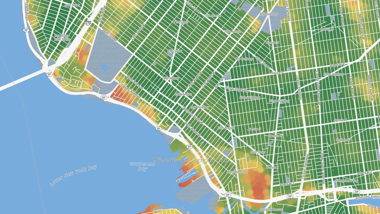 Walk Grade map of 11214, NY, walkable areas in green and car-dependent areas in red
