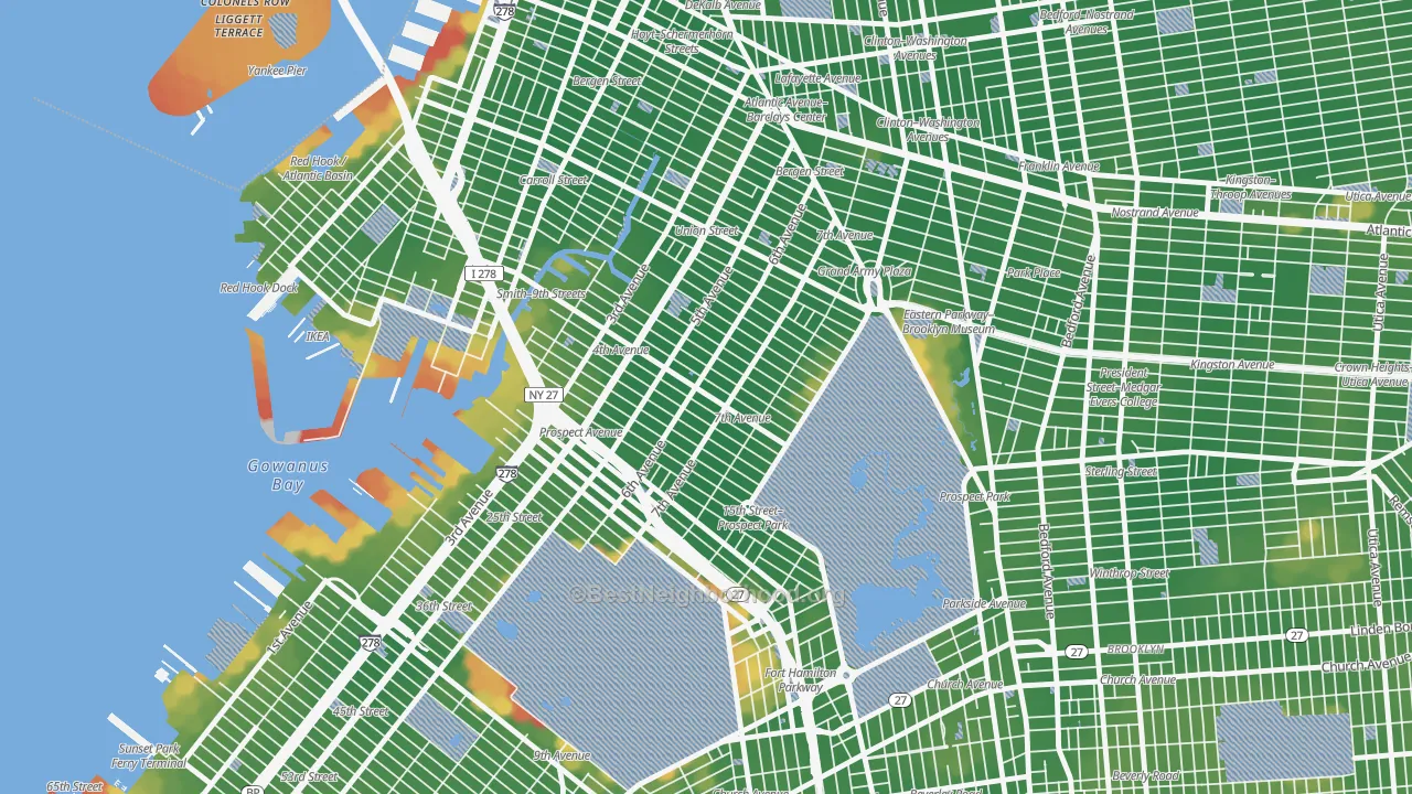 Walk Grade map of 11215, NY, walkable areas in green and car-dependent areas in red