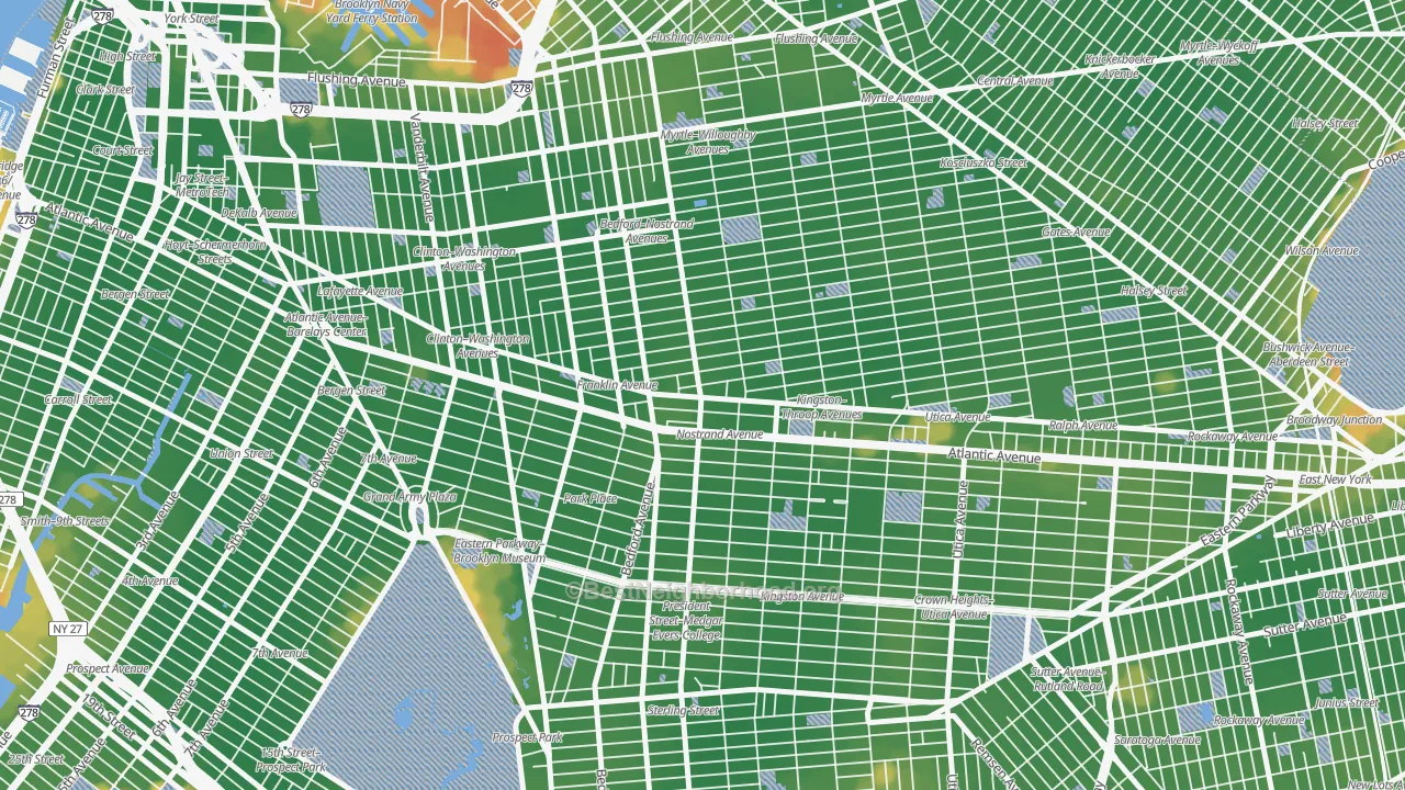 Walk Grade map of 11216, NY, walkable areas in green and car-dependent areas in red