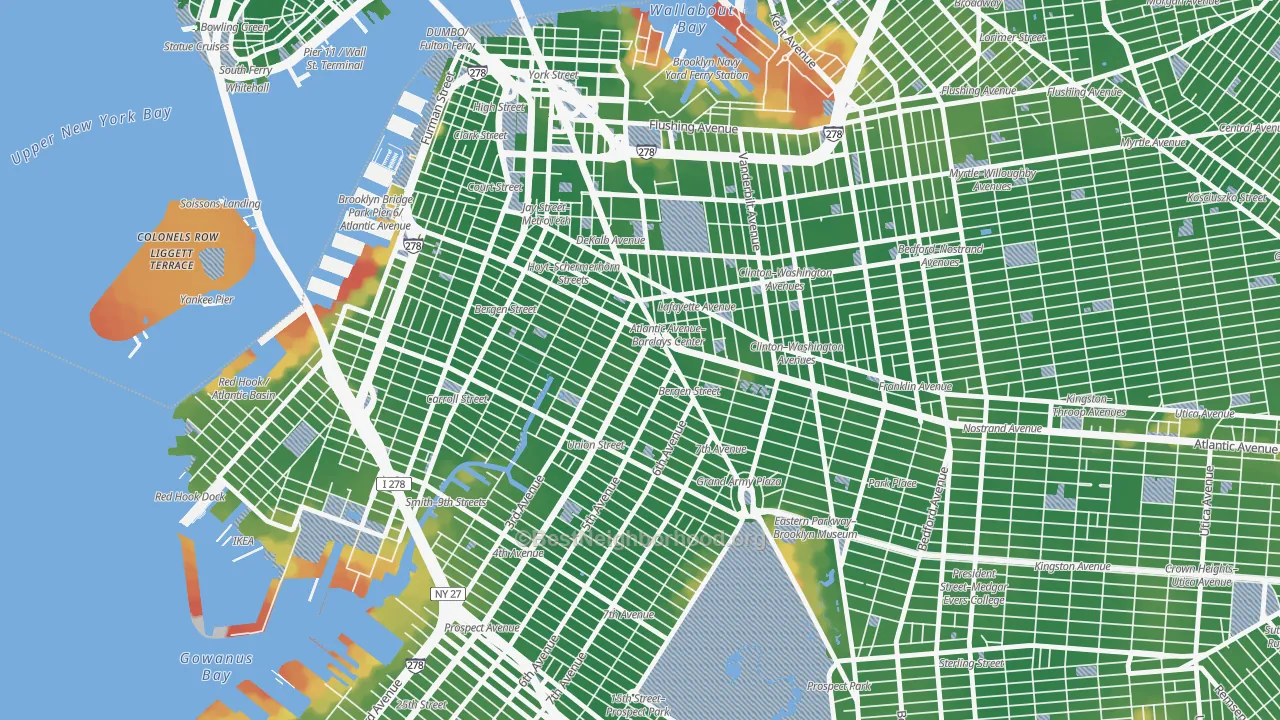Walk Grade map of 11217, NY, walkable areas in green and car-dependent areas in red