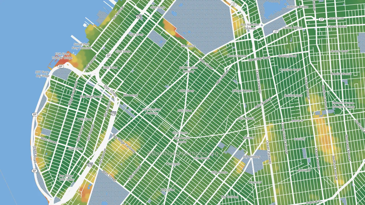 Walk Grade map of 11219, NY, walkable areas in green and car-dependent areas in red