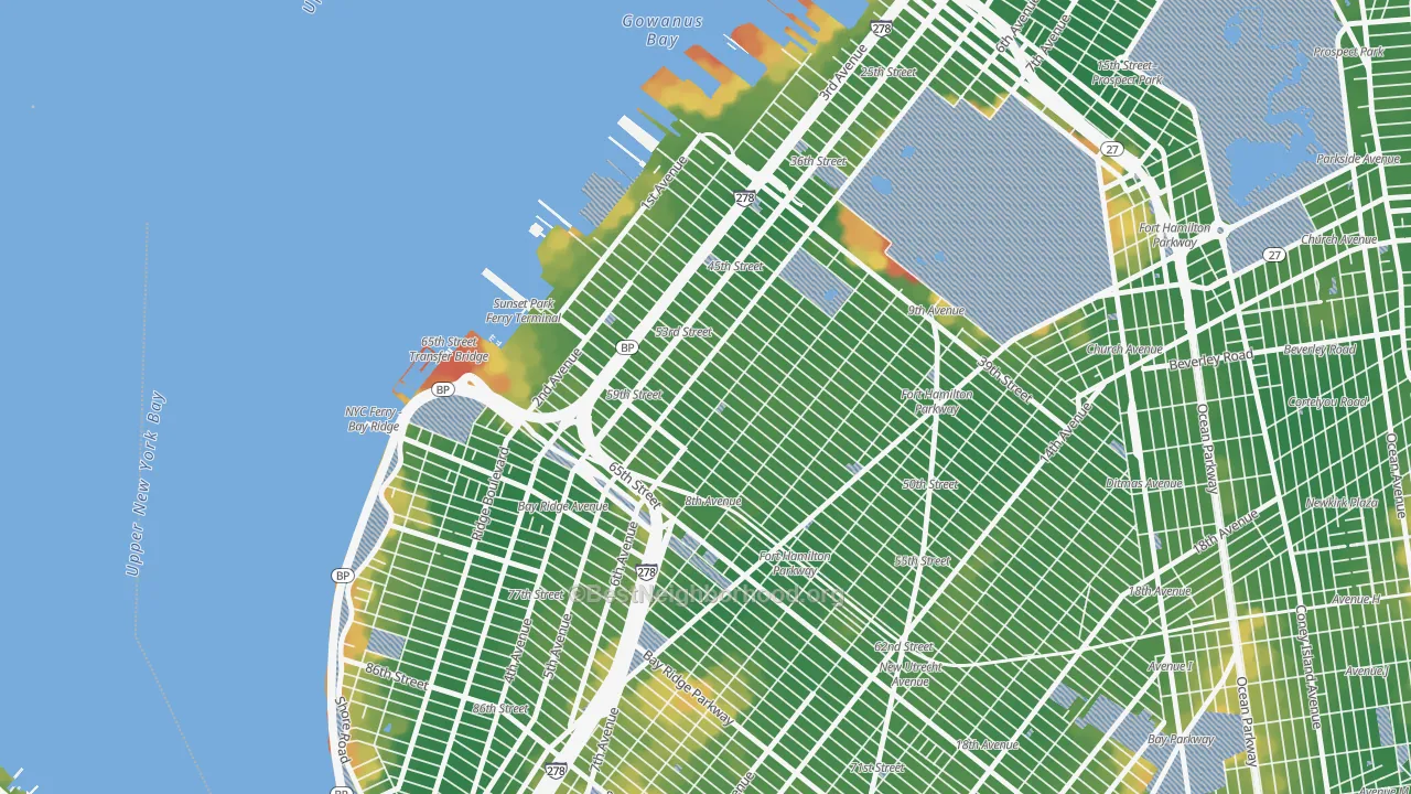 Walk Grade map of 11220, NY, walkable areas in green and car-dependent areas in red