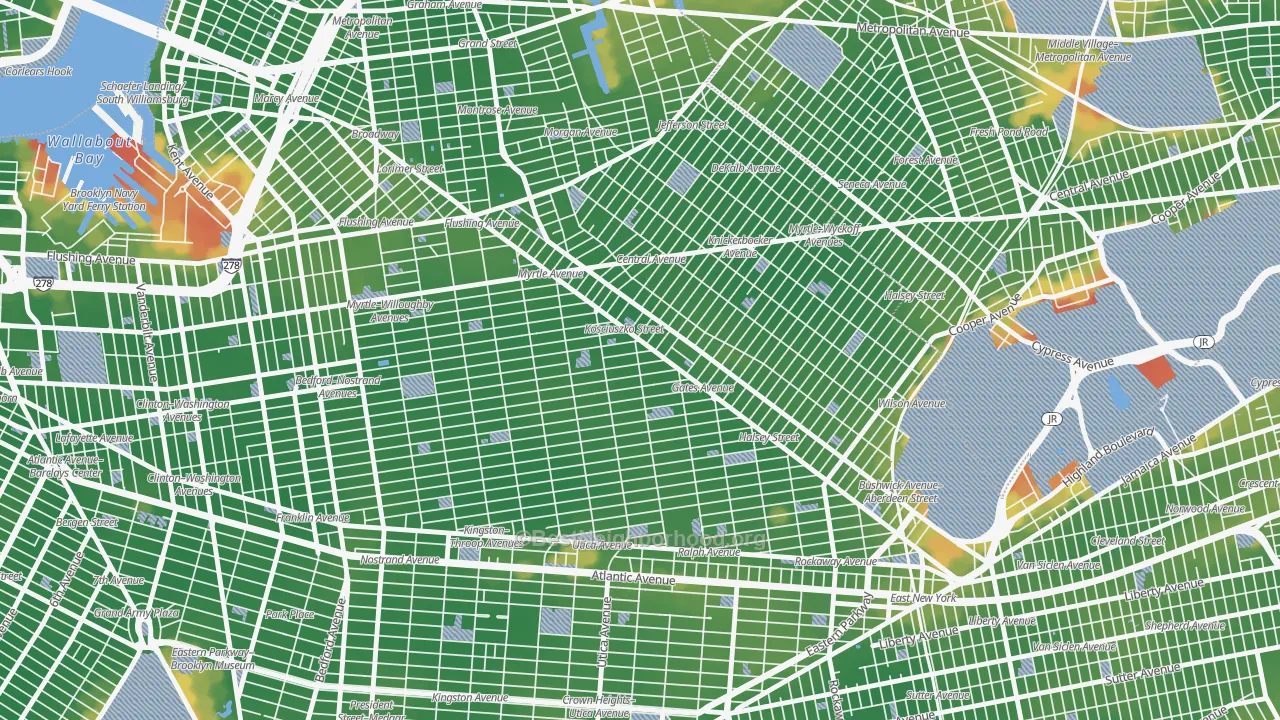 Walk Grade map of 11221, NY, walkable areas in green and car-dependent areas in red