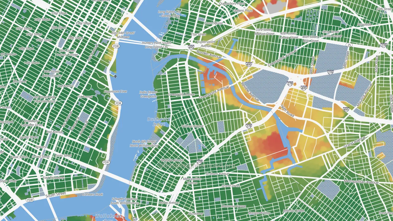 Walk Grade map of 11222, NY, walkable areas in green and car-dependent areas in red
