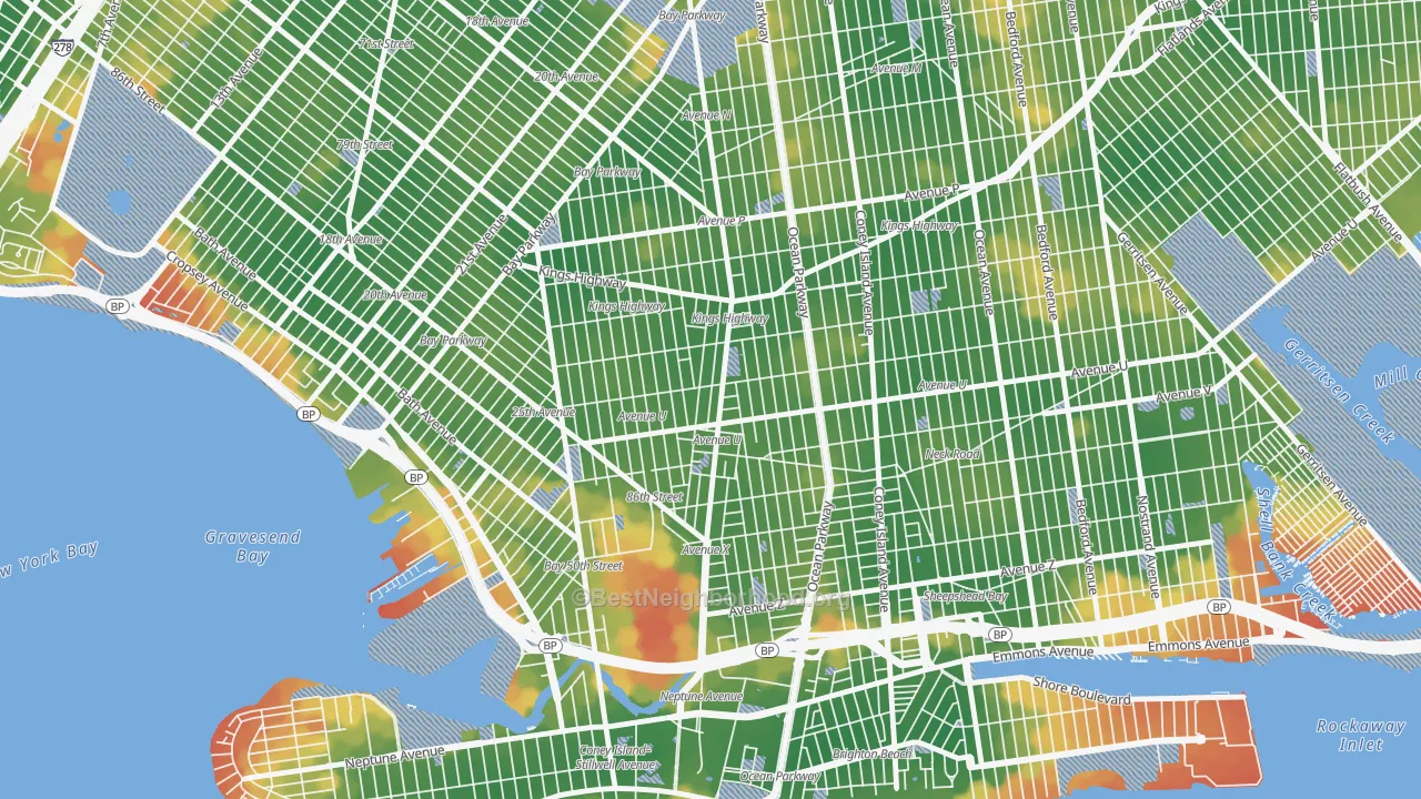 Walk Grade map of 11223, NY, walkable areas in green and car-dependent areas in red