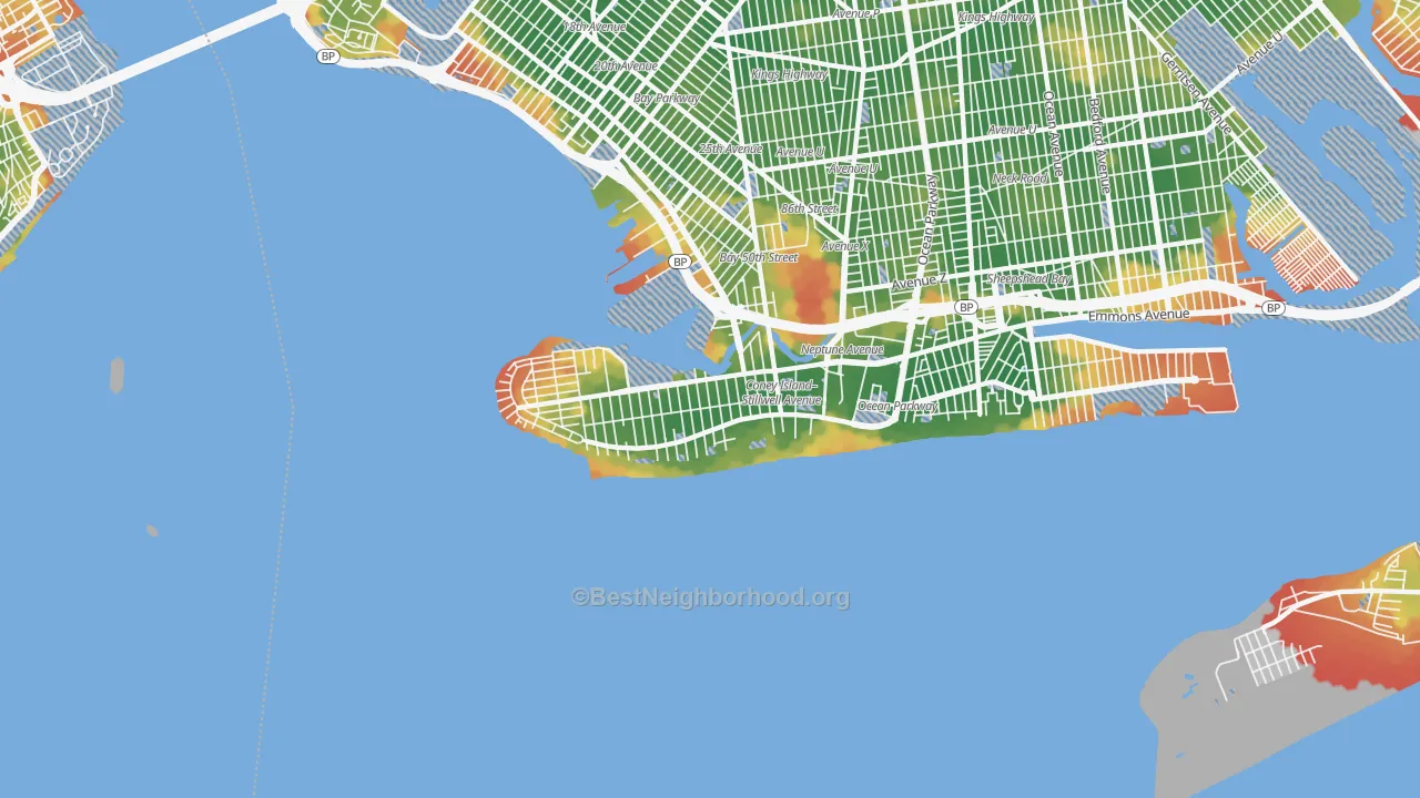 Walk Grade map of 11224, NY, walkable areas in green and car-dependent areas in red